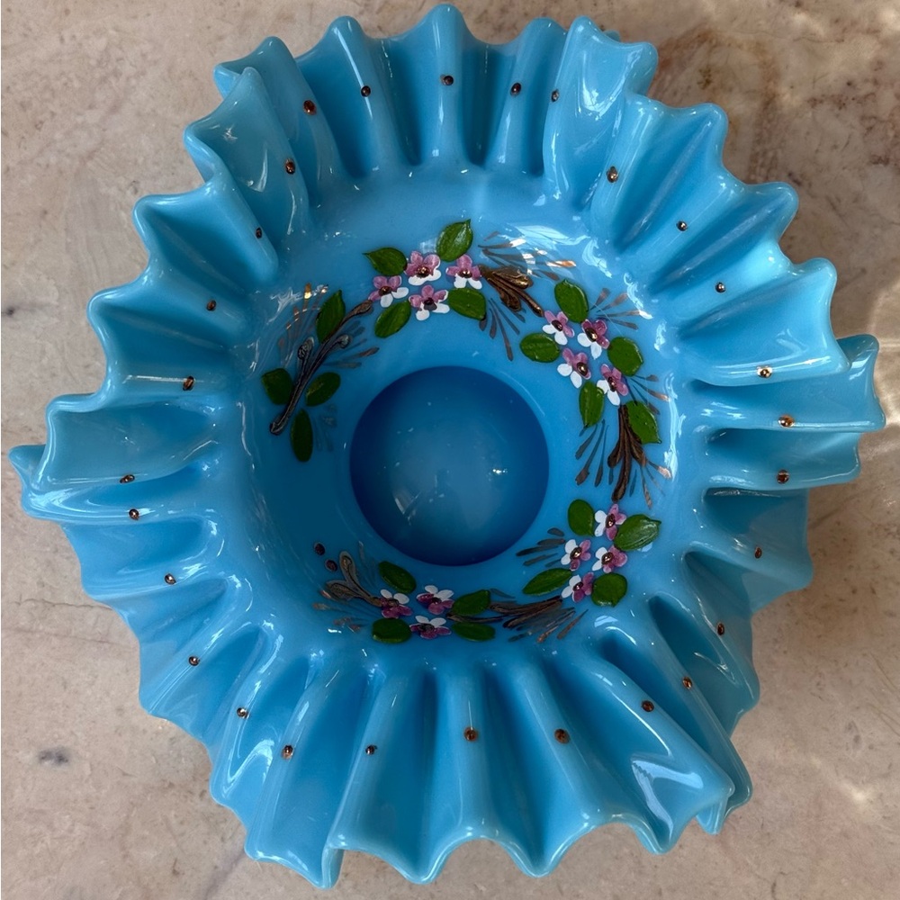 Vintage Hand Painted Blue Case Glass Ruffled Edge Brides Bowl, Floral Design